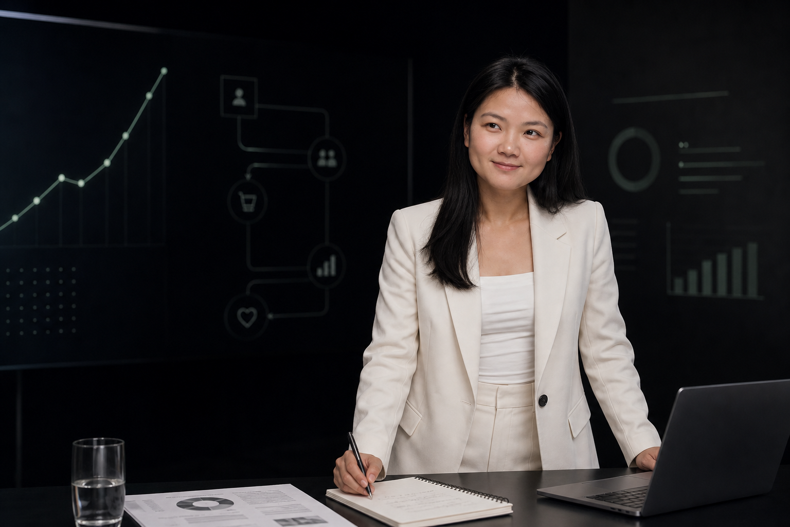 Karen Lai reviewing marketing strategy in an almond milk tailored blazer