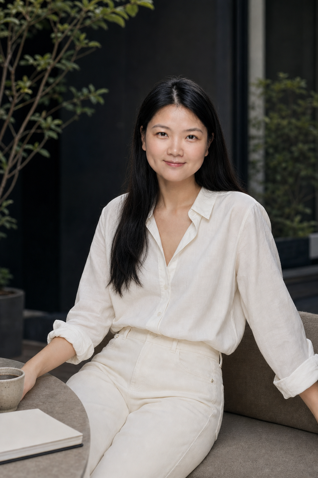 Karen Lai in an ivory shirt and cream denim jeans lifestyle setting